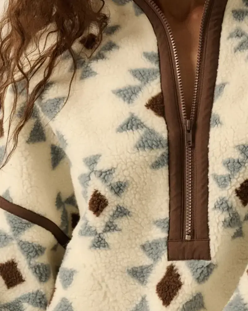 Geometric-Print Sherpa Fleece Half-Zip Pullover | Blue
