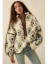 Geometric-Print Sherpa Fleece Half-Zip Pullover | Blue