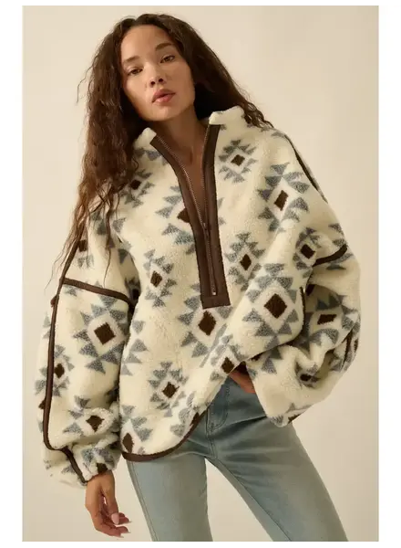 Geometric-Print Sherpa Fleece Half-Zip Pullover | Blue