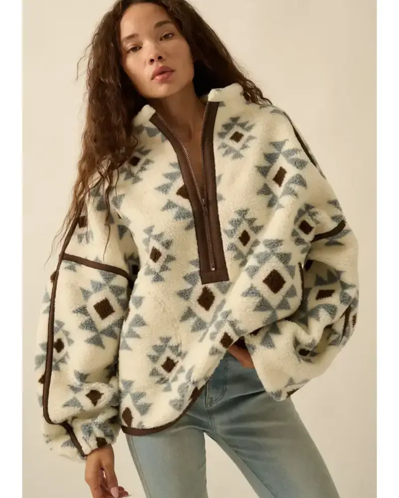 Geometric-Print Sherpa Fleece Half-Zip Pullover | Blue