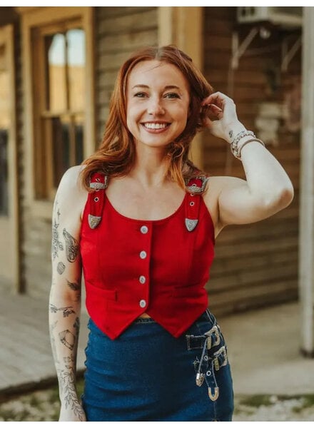 Faux Suede Buckle Vest | Red