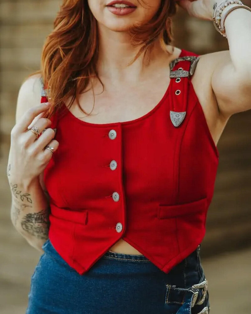 Faux Suede Buckle Vest | Red