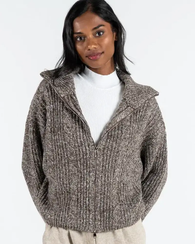 Melange Zip Front Cardigan | Brown