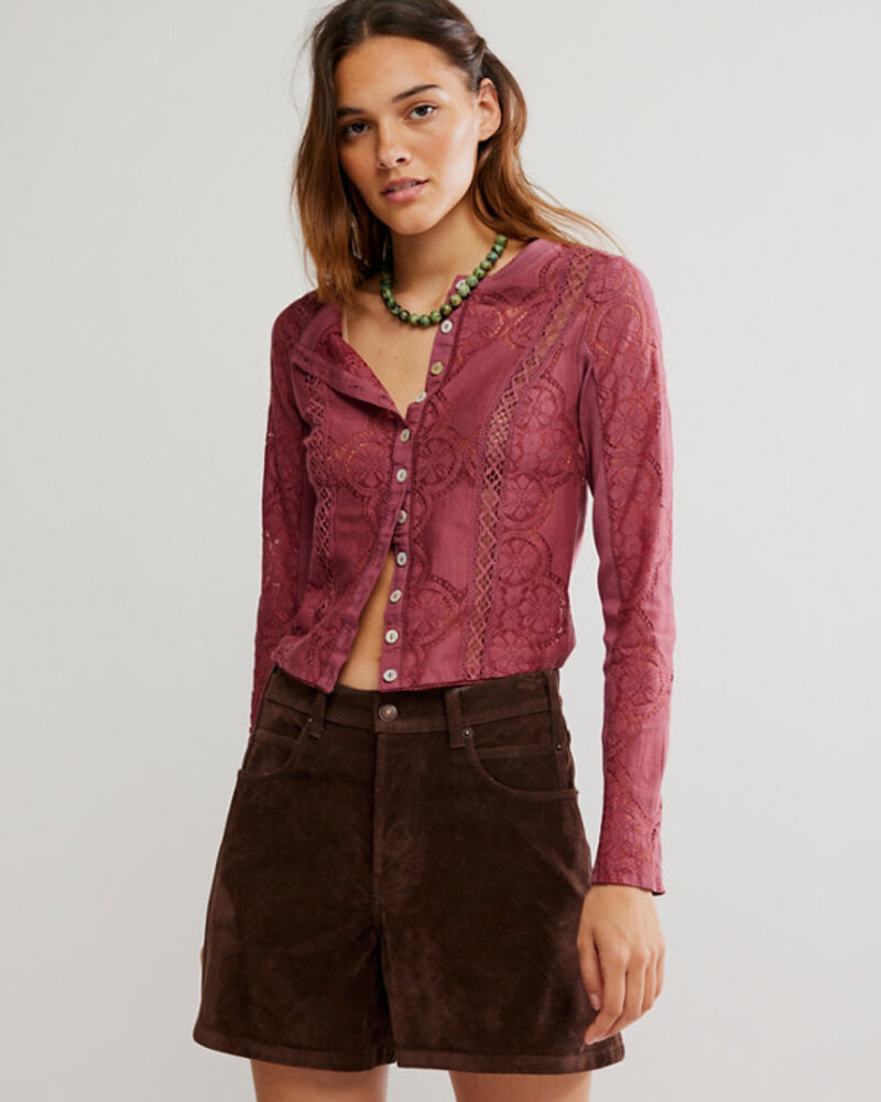 Free People Jae Sheer Lace Knit Long Sleeve Top | Berry