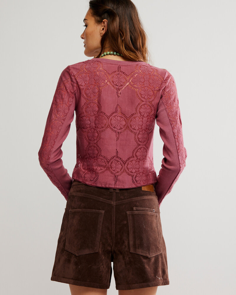 Free People Jae Sheer Lace Knit Long Sleeve Top | Berry