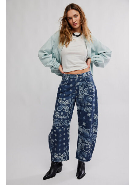 Free People Good Luck Printed Barrel Jeans | Navy Bandana
