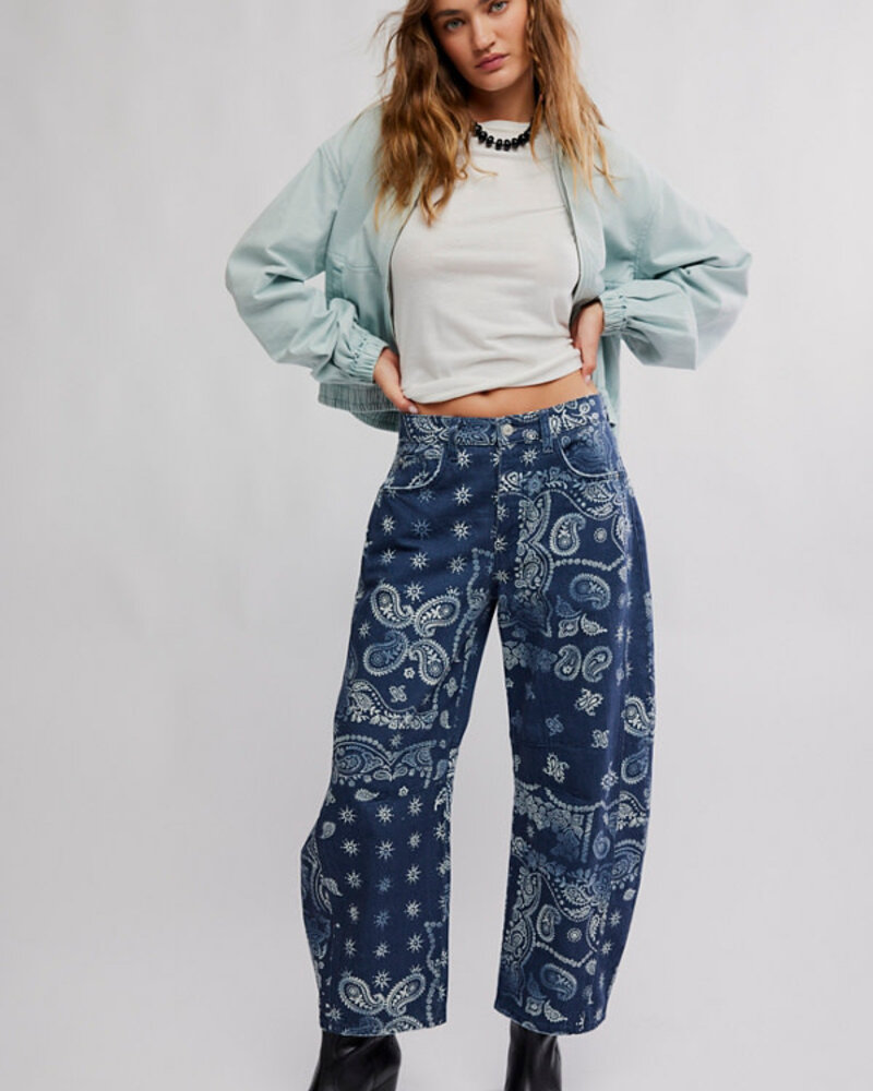 Free People Good Luck Printed Barrel Jeans | Navy Bandana