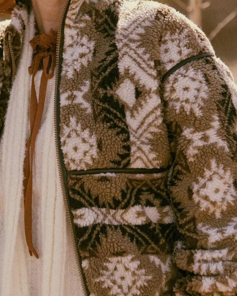 Geometric-Print Sherpa Fleece Zip Jacket