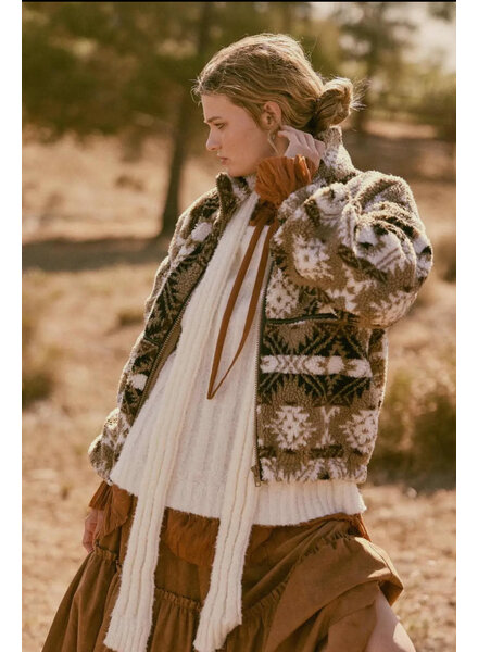 Geometric-Print Sherpa Fleece Zip Jacket