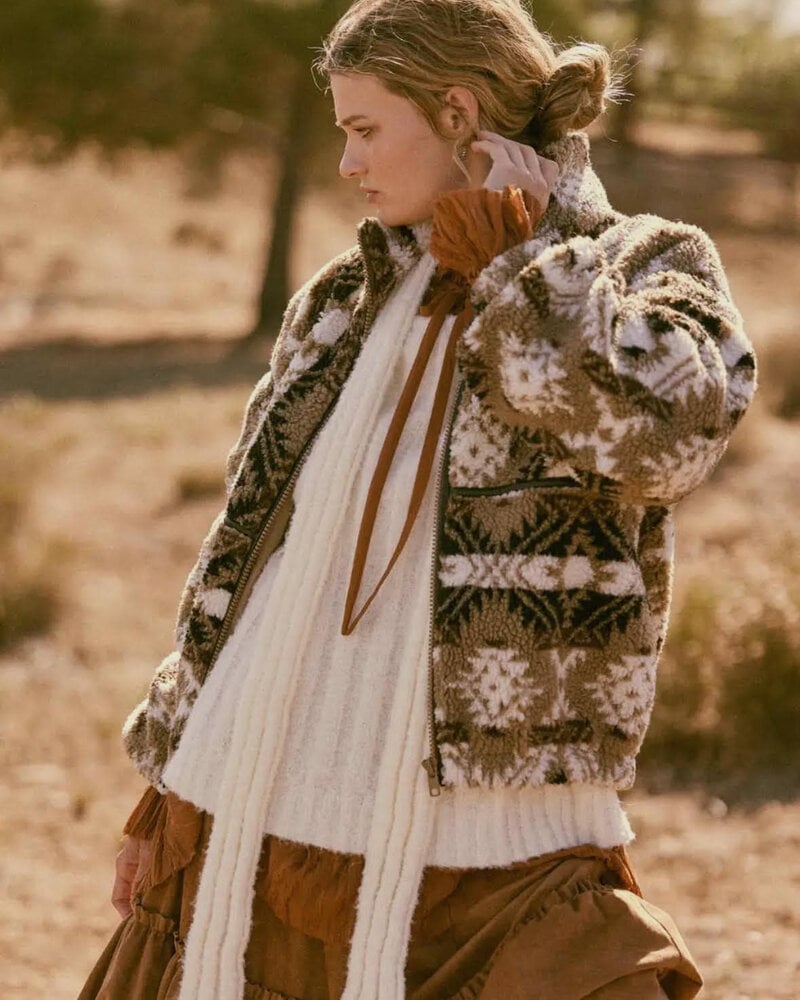 Geometric-Print Sherpa Fleece Zip Jacket