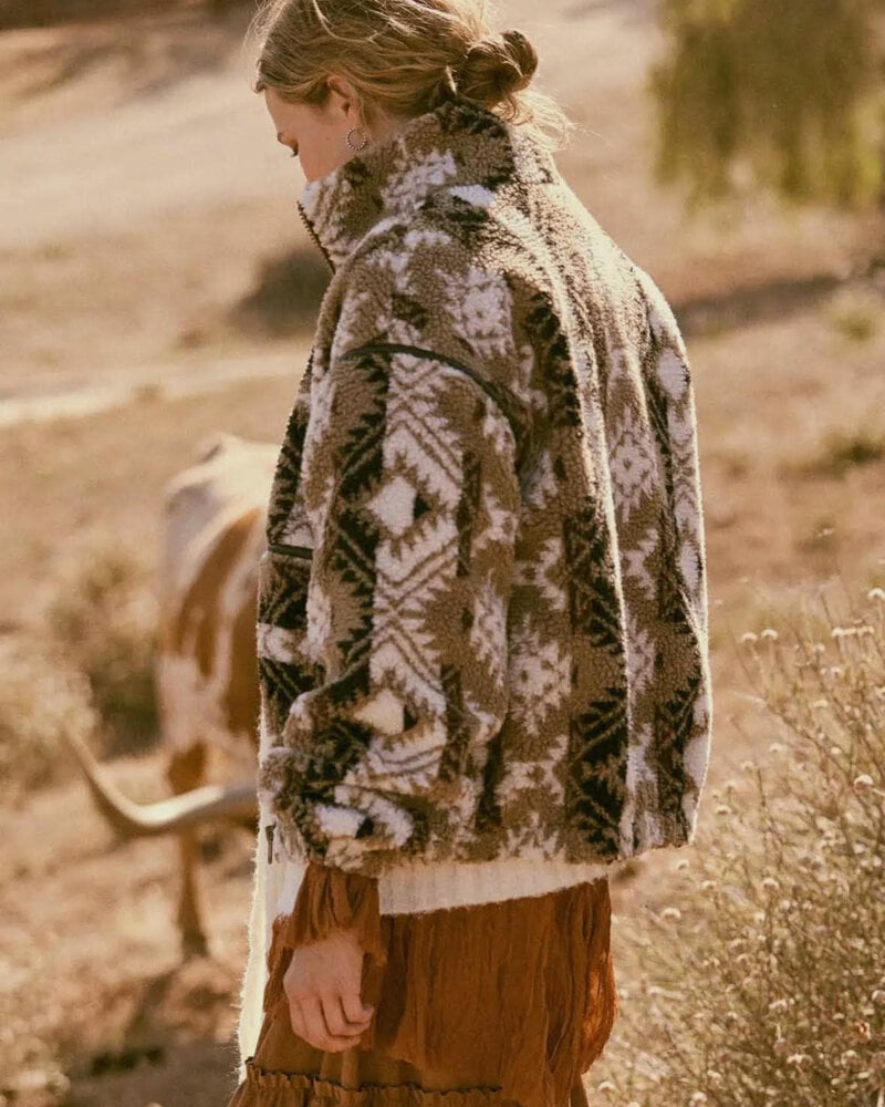 Geometric-Print Sherpa Fleece Zip Jacket