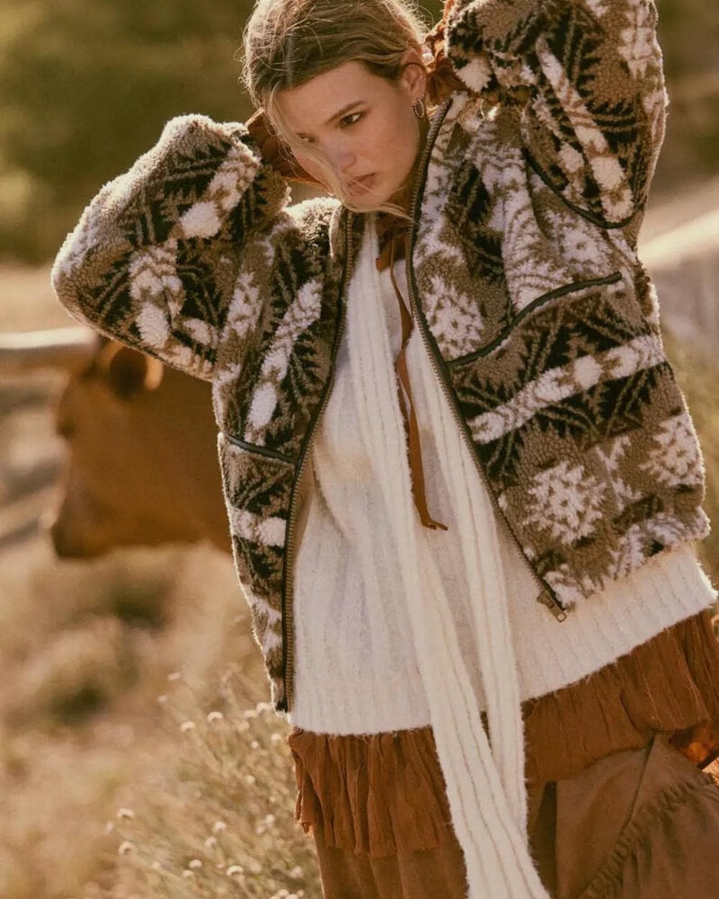 Geometric-Print Sherpa Fleece Zip Jacket