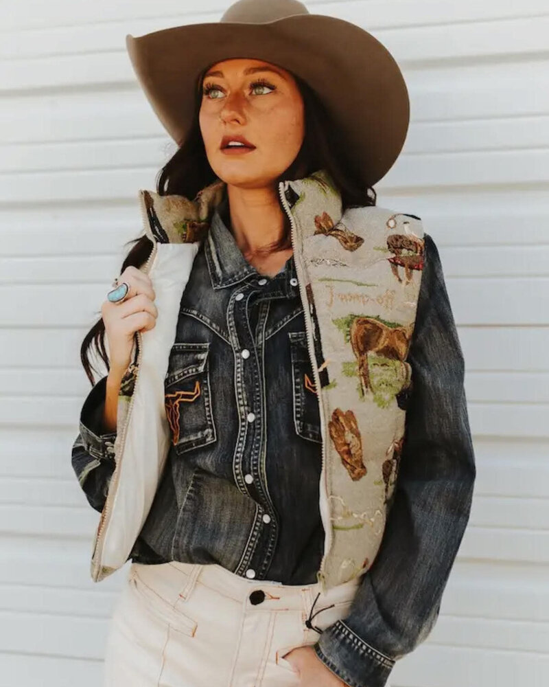 Woven Horse Zip-Up Puffer Vest