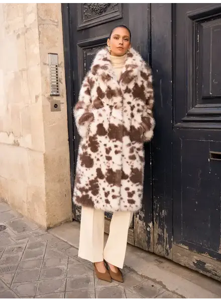 Evangeline Long Faux Fur Coat | Cow Print
