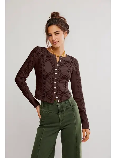 Free People Jae Sheer Lace Knit Long Sleeve Top | Coffee