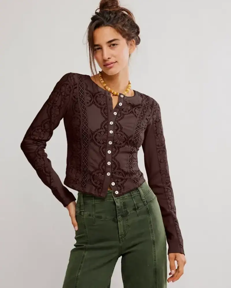 Free People Jae Sheer Lace Knit Long Sleeve Top | Coffee