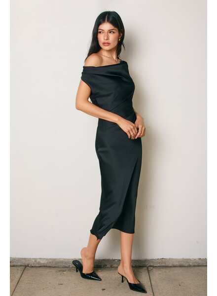 Shelley Satin Off the Shoulder Midi Dress | Black