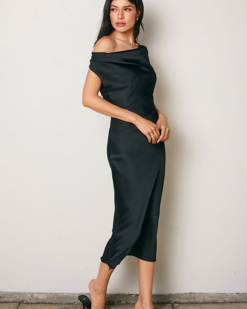Shelley Satin Off the Shoulder Midi Dress | Black