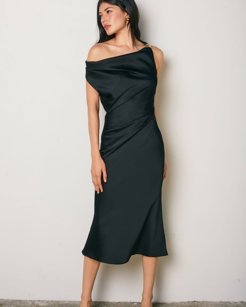 Shelley Satin Off the Shoulder Midi Dress | Black