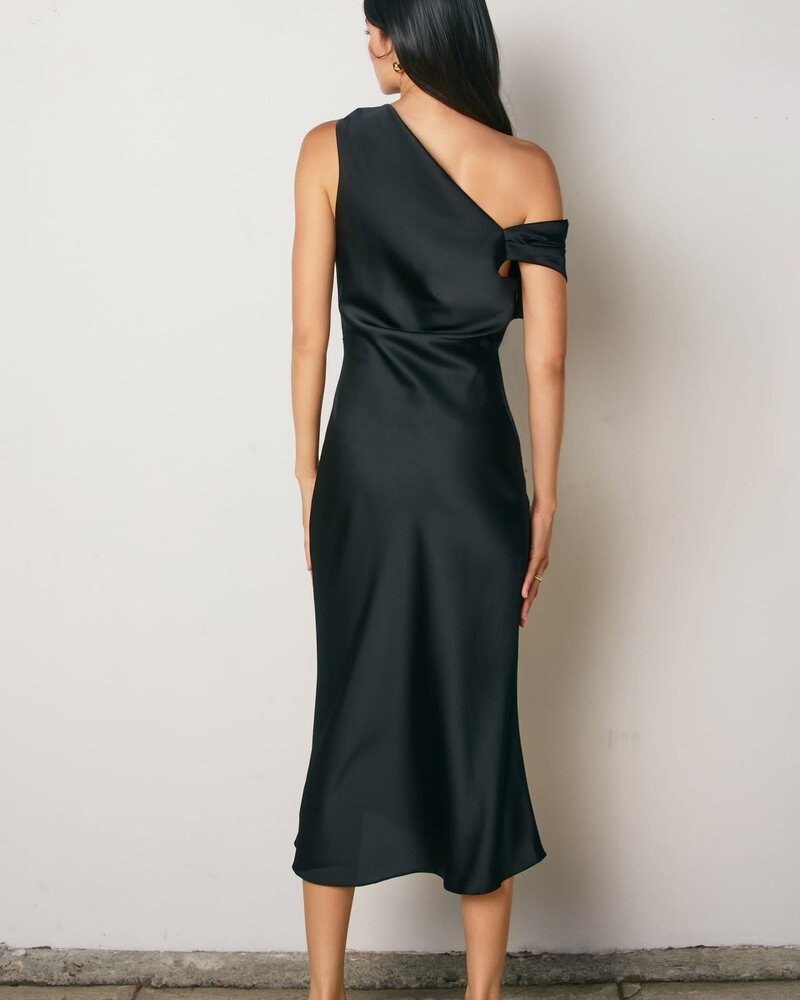 Shelley Satin Off the Shoulder Midi Dress | Black