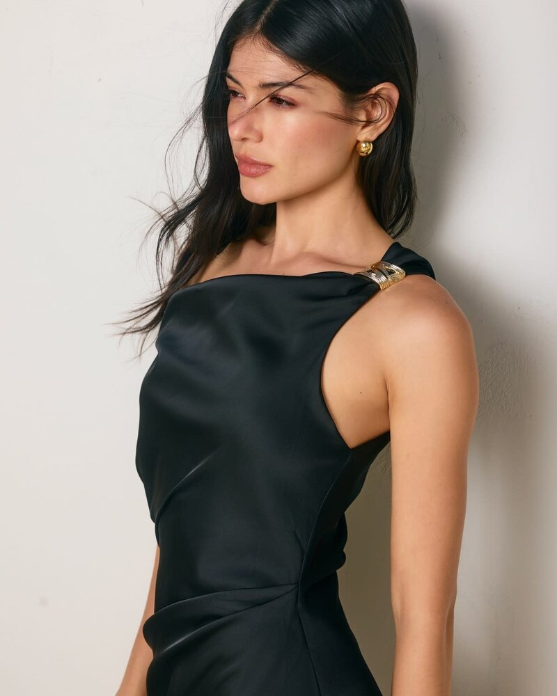 Shelley Satin Off the Shoulder Midi Dress