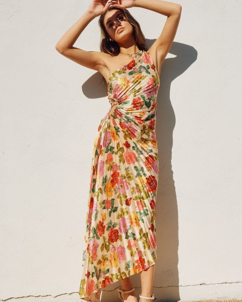 Garden Asymmetrical Pleated Maxi Dress | Gold