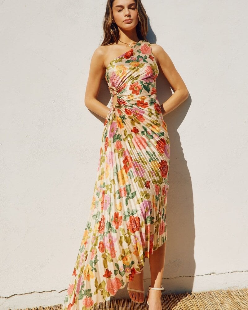 Garden Asymmetrical Pleated Maxi Dress | Gold