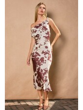 Cow Print Satin Ruched Midi Dress