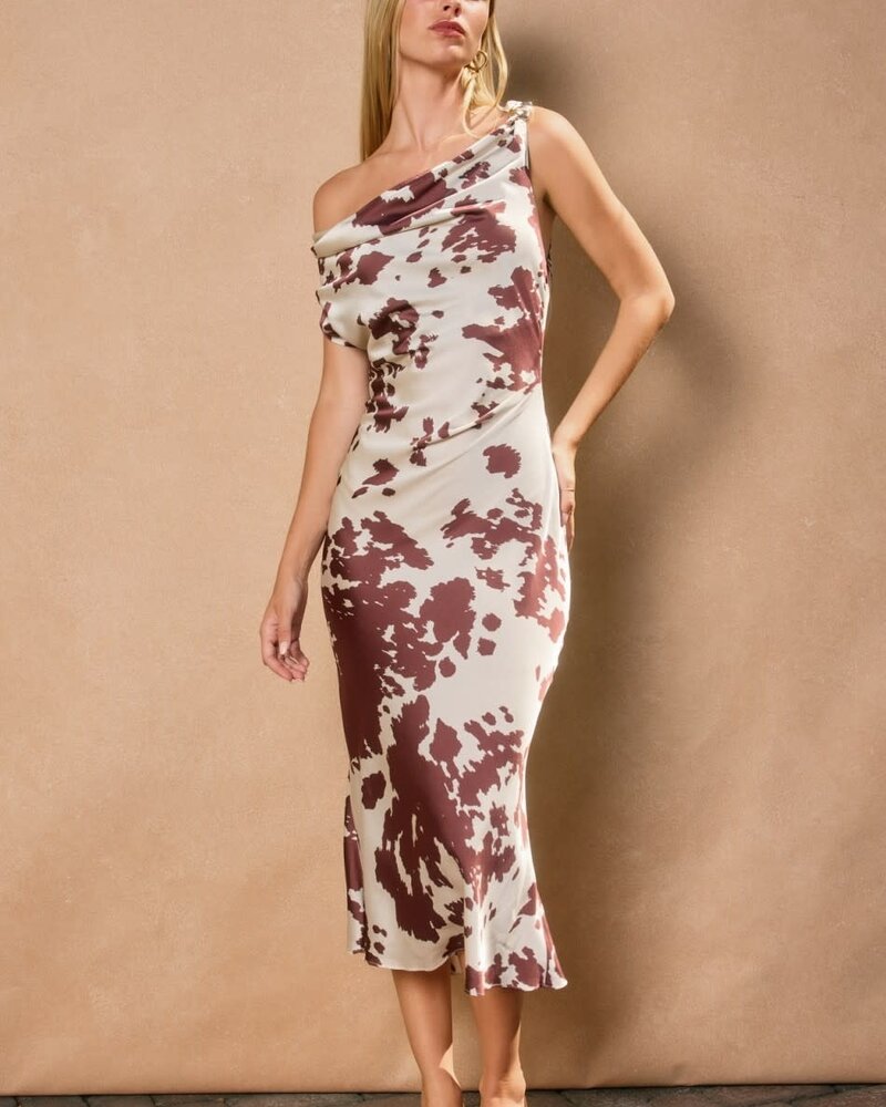Cow Print Satin Ruched Midi Dress