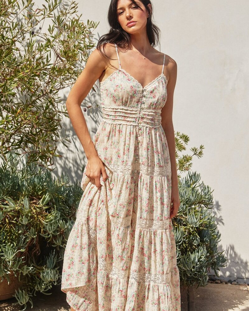 Whisper Lace Trim Tiered Maxi Dress