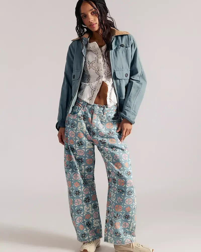 Free People Good Luck Printed Barrel Jeans | Jade