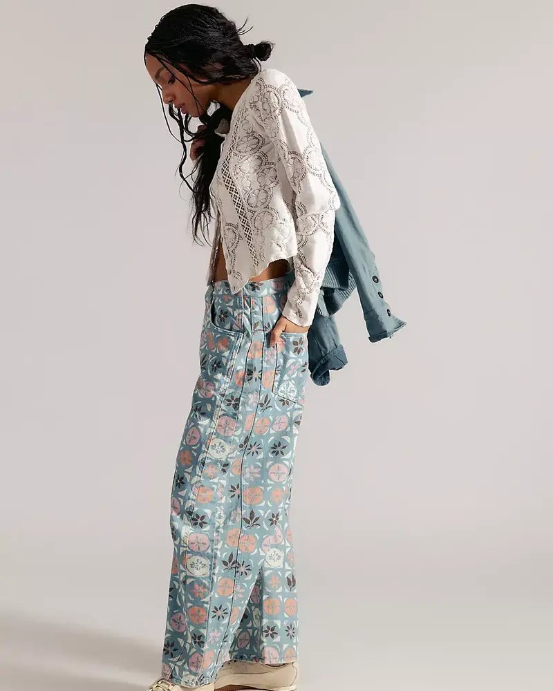 Free People Good Luck Printed Barrel Jeans | Jade