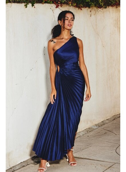 Solid Asymmetrical Pleated Maxi Dress | Navy
