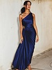 Solid Asymmetrical Pleated Maxi Dress | Navy