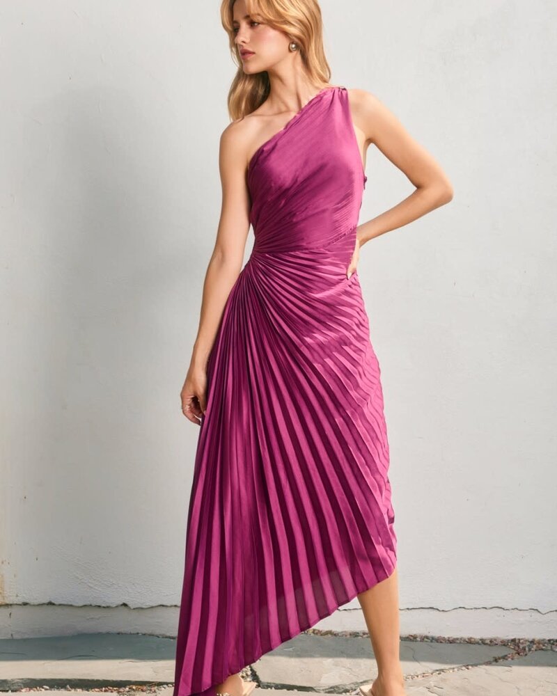 Solid Asymmetrical Pleated Maxi Dress | Purple Magenta