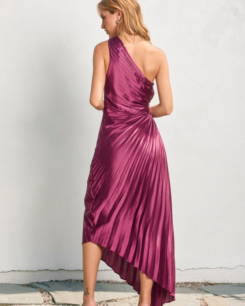 Solid Asymmetrical Pleated Maxi Dress | Purple Magenta