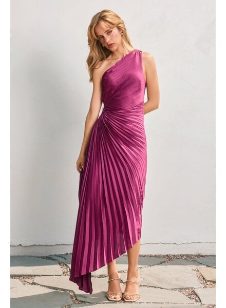 Solid Asymmetrical Pleated Maxi Dress | Purple Magenta