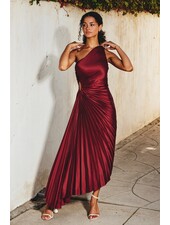 Solid Asymmetrical Pleated Maxi Dress | Merlot