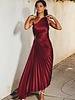 Solid Asymmetrical Pleated Maxi Dress | Merlot