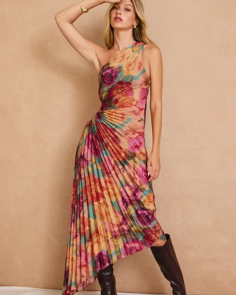 Garden Asymmetrical Pleated Maxi Dress | Mauve