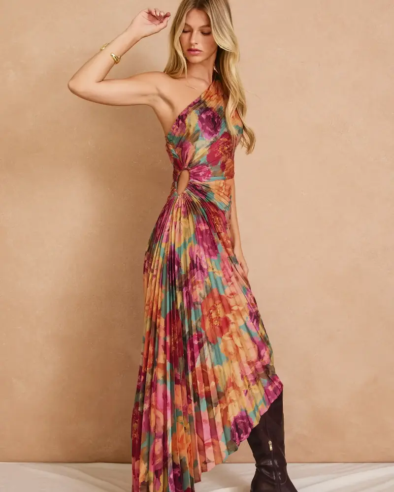 Garden Asymmetrical Pleated Maxi Dress | Mauve