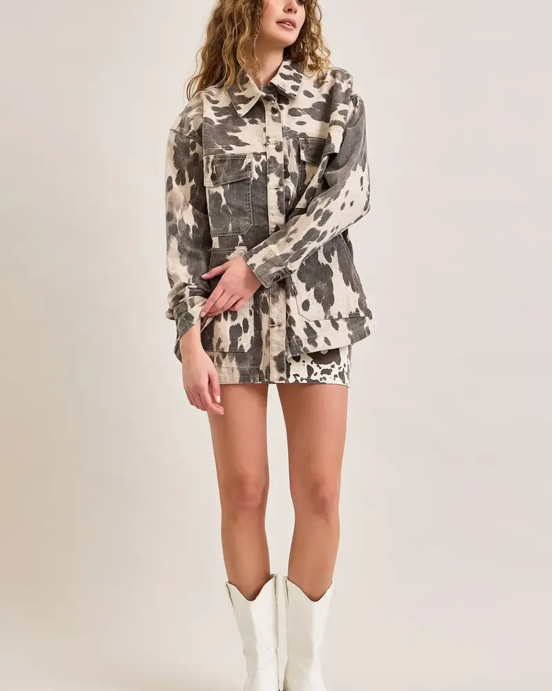 Dakota Cow Print Denim Jacket