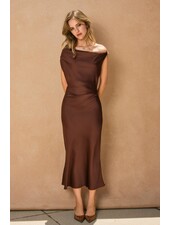 Shelley Satin Off the Shoulder Midi Dress | Espresso