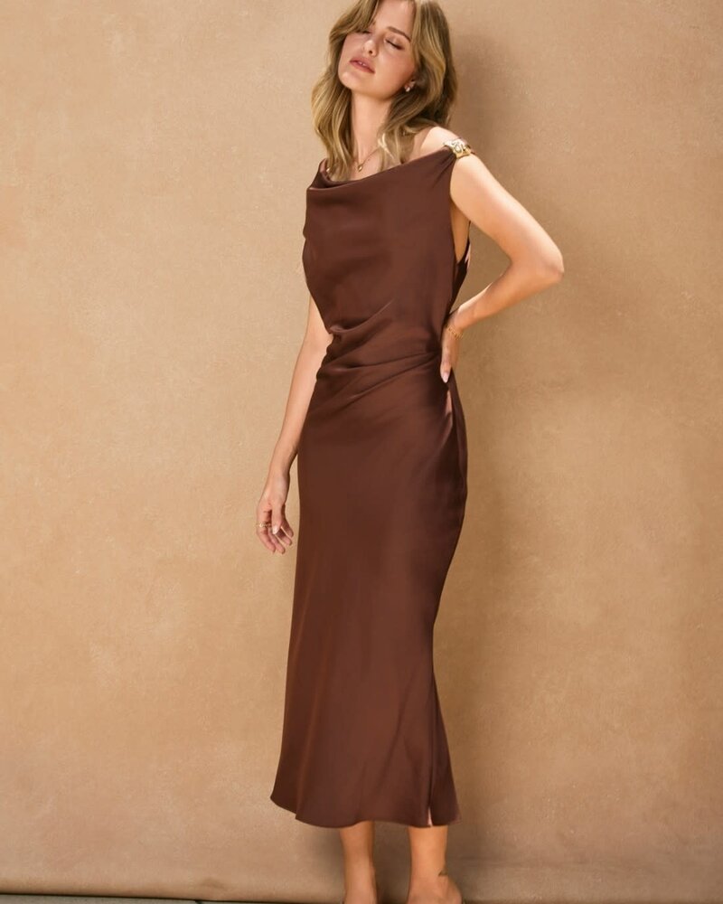 Shelley Satin Off the Shoulder Midi Dress | Espresso