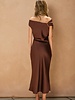 Shelley Satin Off the Shoulder Midi Dress | Espresso