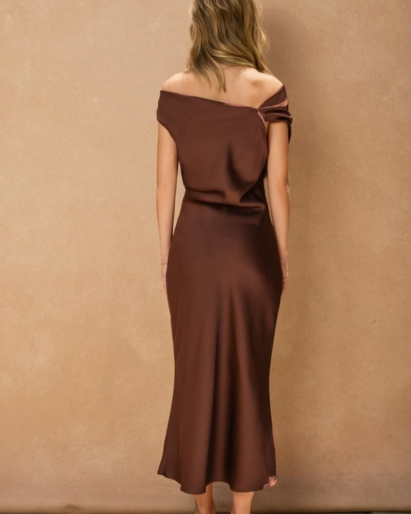 Shelley Satin Off the Shoulder Midi Dress | Espresso