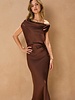 Shelley Satin Off the Shoulder Midi Dress | Espresso