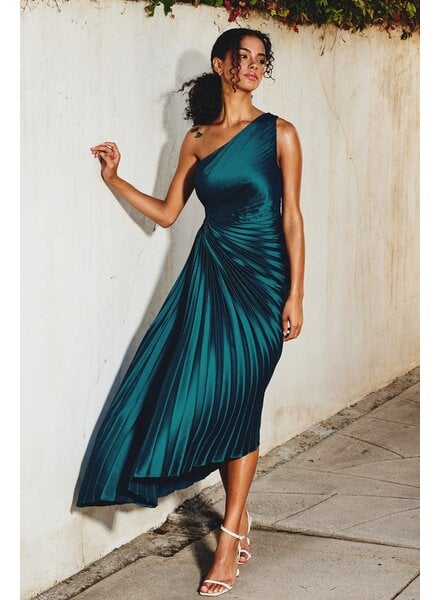 Solid Asymmetrical Pleated Maxi Dress | Sapphire