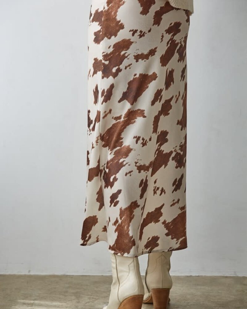 Cow Print Satin Midi Skirt