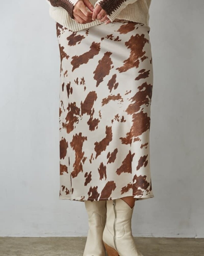 Cow Print Satin Midi Skirt